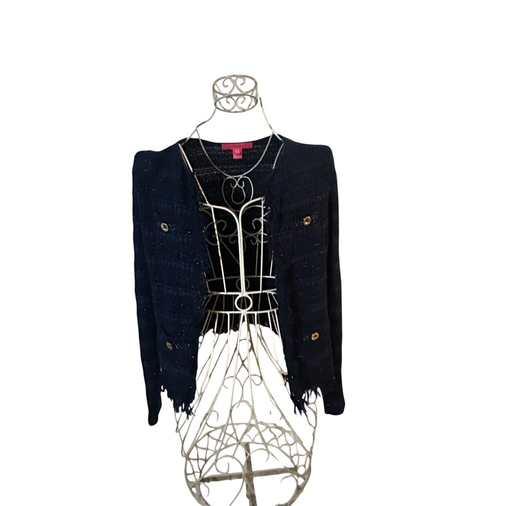 Lilly Pulitzer Navy Blue Tweed Fringe Open Front Cardigan Gold Buttons XS
